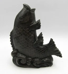 VINTAGE HAND CARVED BLACK SOAPSTONE KOI FISH SCULPTURE (6.75") - Picture 1 of 7