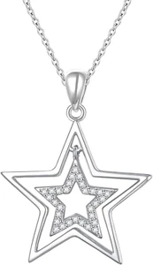 925 Sterling Silver Double Stars Necklace CZ Pendant Jewelry Gifts for Women - Picture 1 of 6