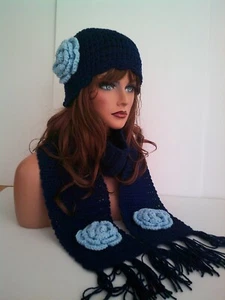 SOFT NAVY FLOWER HAND CROCHET FLOWER HAT AND SCARF SET BEANIE SKULL SKI CAP TAM - Picture 1 of 5