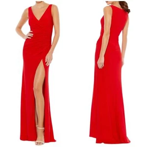 Mac Duggal NWT High Slit Faux Wrap Dress Size 10 Sleeveless Ruched V-neck Red - Picture 1 of 9