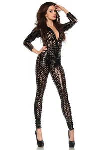 SEXY BLACK metal look overall jumpsuit size 38/44 disc CATSUIT fashion GLAMOUR - Picture 1 of 1