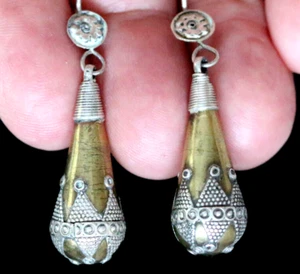 Uzbek Tribal Teardrop Dangle Earrings Silver Bronze Bohemian Mixed Metal Women - Picture 1 of 4