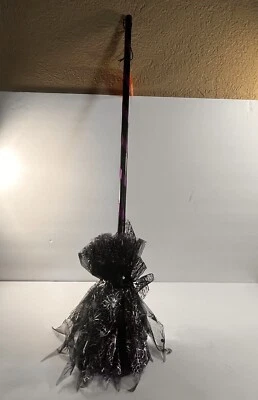 Witch Broom Black w/ Purple Ribbon Silver Spiders Halloween Party Costume 30" - Image 1 of 4
