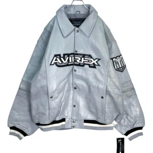AVIREX Bomber/Biker Leather Varsity Jacket Light Gray Men's Size 4XL Used Japan - Picture 1 of 9