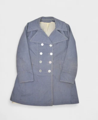 Casaco feminino vintage Sears S 10 azul Mac peito duplo comprimento médio anos 70 - Imagem 1 de 4