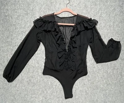 Women’s Size S Ruffled Front Bodysuit Sheer Sexy Snap Front Long Sleeves EUC Foto 1 de 4