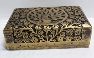 Vintage Made in India geschnitzter Holzbuchsbaum Lebensbaum Antik Gold & Schwarz 8"x5"x3" - Bild 1 von 7