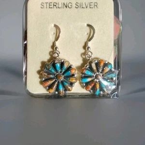 Santa Fe Style Flower Spiny Turquoise Dangle Earrings - Picture 1 of 6