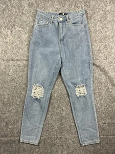 Jeans casual BooHoo blu donna vita alta effetto invecchiato lavaggio leggero denim taglia 6 - Foto 1 di 8