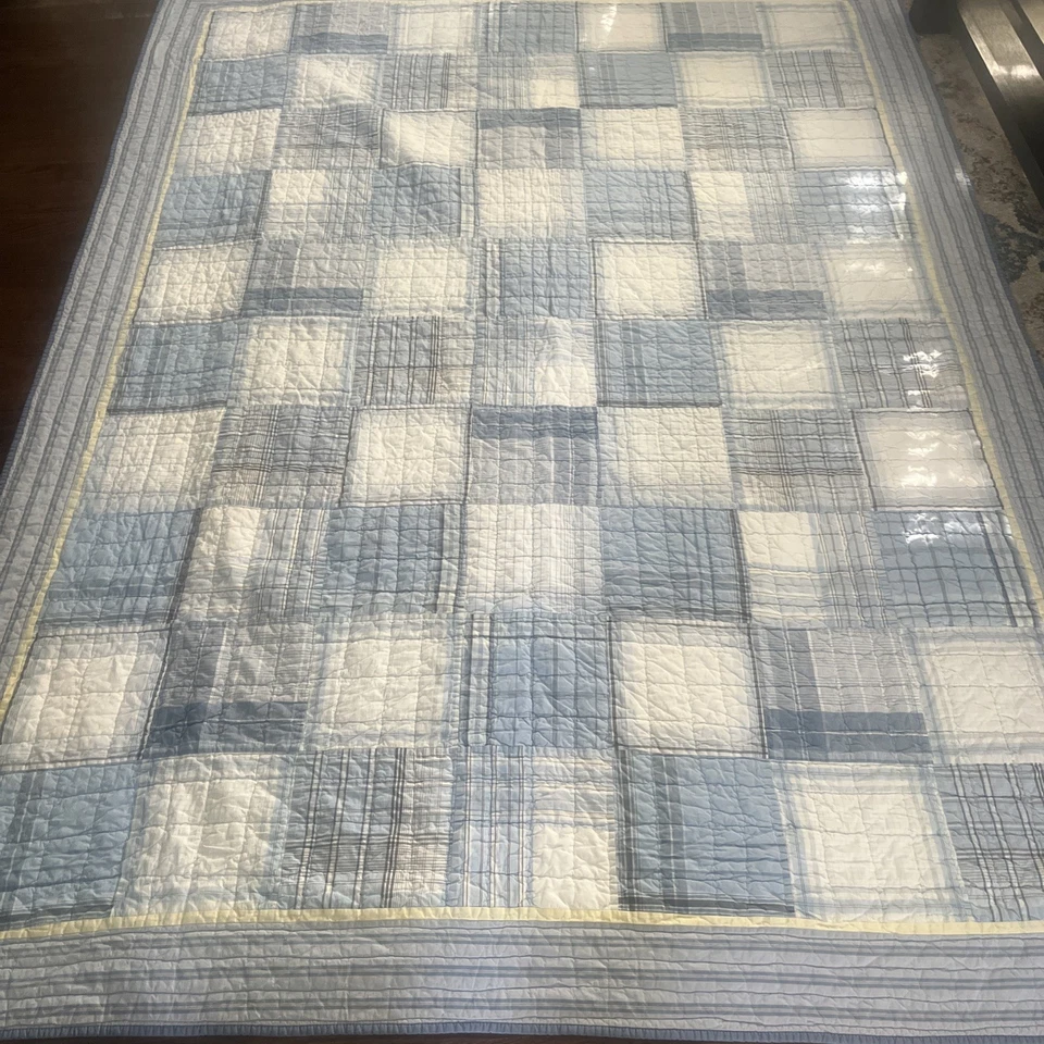 ЛОСКУТНОЕ ОДЕЯЛО NAUTICA СИНЕ-ЖЕЛТЫЕ ЧЕРНО-БЕЛЫЕ ПОЛОСКИ КЛЕТЧАТОЕ (1) ДВОЙНОЕ 64X86 - Изображение 1 из 4