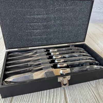 Juego de cuchillos para carne de abeja Laguiole (6) mango negro marfil y acero inoxidable en estuche Foto 1 de 4