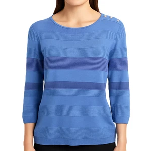 Leichter Stretchpullover Damen M blau gestreift Strick Knopfleiste Schulter - Bild 1 von 14