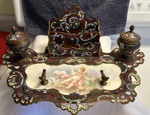 Antik Französisch Emaille Messing Tintenfass Marmor Cherub Signiert Schreibtisch Set Selten Schönheit - Bild 1 von 24