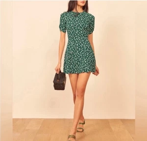 Reformation Gracie Short Sleeve Floral Crepe Mini Dress Green Sz 6 Made In USA - Picture 1 of 9