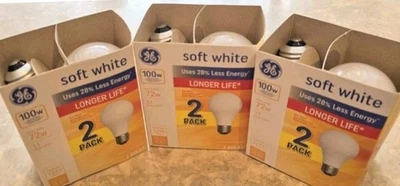 6 NEW GE Light Bulbs, 100w, Soft White, A19 Bulbs, Three 2 Packs - Image 1 of 2