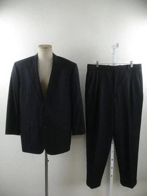 Traje a rayas de lana tostado azul marino a medida 44S H Freeman para hombre 2 piezas pantalones 35 X 31 Foto 1 de 4