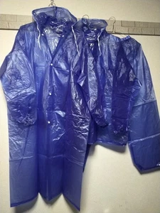 3 pieces set blue soft PVC translucent hooded jacket pants raincoat rainwear - Picture 1 of 14