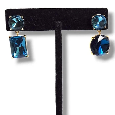 J Crew Mismatched Blue Crystal Drop Earrings Gold Tone Geometric Post Pierced - Image 1 of 3