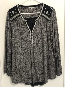 Lucky Brand 3X Black White Floral Boho Peasant Top 3/4 Sleeve Embroidered Blouse - Picture 1 of 11