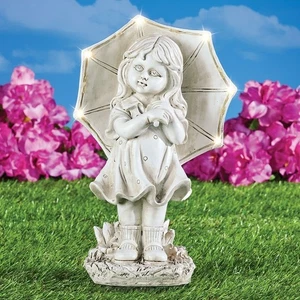 Antikes kleines Mädchen in Steinoptik mit Solar beleuchtetem Regenschirm Outdoor Garten Statue - Bild 1 von 1