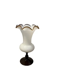 Vintage Mid Century Empoli Style White and Amber Glass Vase With Ruffled - Picture 1 of 10
