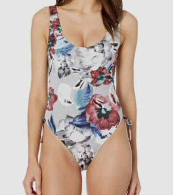 $220 The Bikini Lab Women's White Red Floral Stripe Lace-Up One-Piece Swimsuit S - Image 1 of 4