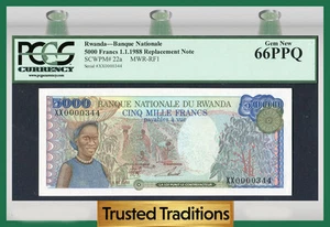 TT PK 22a 1988 RWANDA 5000 FRANCS RARE REPLACEMENT / STAR NOTE PCGS 66 PPQ GEM - Picture 1 of 2