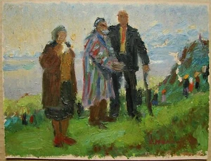 Ukrainian Soviet Oil Painting Genre Figures realism veteran WW2 river landscape - Picture 1 of 5