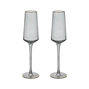Hestia Set of 2 Grey Glass Champagne Flutes with Gold Rim - Picture 1 of 1