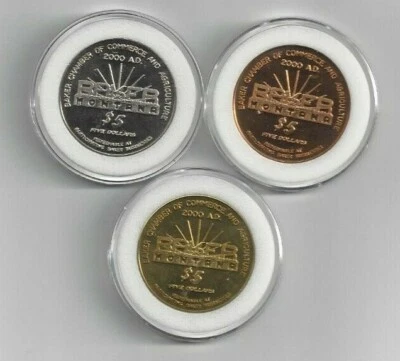 Lot of 3 Baker Montana $5.00 Trade Tokens Copper, Brass, Nickle 2000 - Image 1 of 4