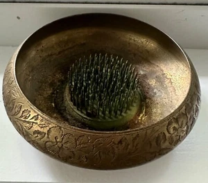 Vintage Etched Brass Flower Frog Large Dish Bowl India 5”W x 1 3/4”T - Picture 1 of 8