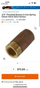 3/4" Threaded Bronze In-line Spring Check Valve (61LF Series) Used Apollo - Picture 1 of 4