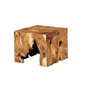 Wood Slice End Table Bunching Cube 19 in Solid Teak Live Edge Square Block - Picture 1 of 11