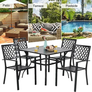 5 Piece Patio Furniture Set Outdoor Chairs Stackable Armchair Square Table Black - Picture 1 of 38
