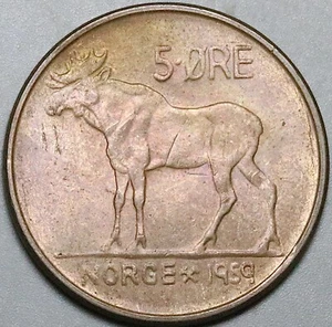 1959 Norway 5 ore Olav V Eurasian Elk AU Coin (24061603R) - Picture 1 of 2