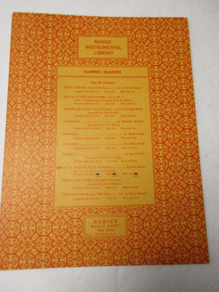 Paul Painter Small Poem in Four Stanzas Clarinet Quartet Sheet Music - Image 1 of 2