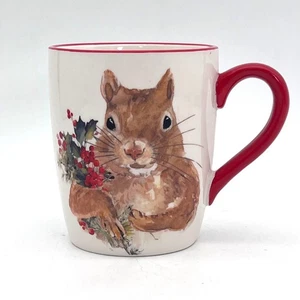 Taza de cerámica fina con mango y borde rojo Holly Grace con ardilla de Navidad - Imagen 1 de 8