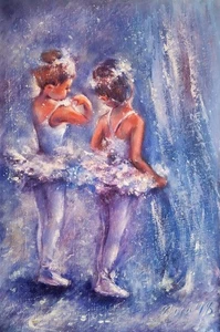 Original Impressionist Oil Painting Blue Little Ballerinas Artwork Handpainted - Picture 1 of 7