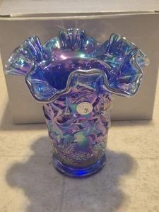 Great Fenton 95th Anniversary Blue Iridescent Wild Rose 6" Ruffled Vase - Picture 1 of 7