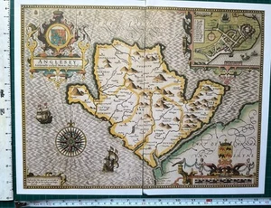 Old Antique Tudor map Anglesey, Beaumaris Wales: John Speed 1600's Reprint - Picture 1 of 16