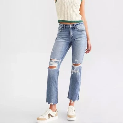 Pantalones de mezclilla rectos recortados Flying Monkey azul claro tiro medio Foto 1 de 4