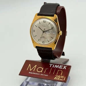 NOS Vintage 1980 TIMEX Marlin Gold Tone Mechanical 35mm Watch, Day/Date w/ Stand - Picture 1 of 9