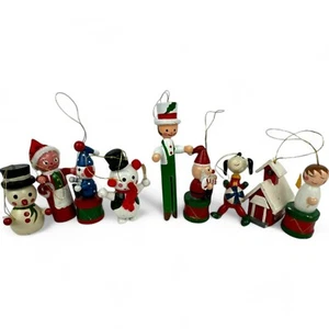 9 - Vintage Wooden Christmas Ornaments Snowman Angel Clown Santa Solider Church - Picture 1 of 11