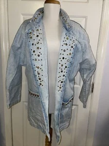 VTG RIO Light Blue Cotton Studded Western Button Denim Jacket Womens Sz S - Picture 1 of 12