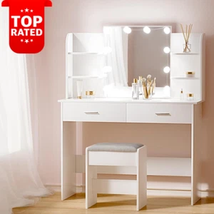 White Dressing Table Vanity Desk Mirror Lights 10 LED Bulbs Makeup Stool Chair - Picture 1 of 12