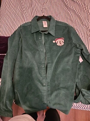 NEW Disney Shirt Adult Large Green Mickey Mouse Christmas Santa Corduroy Long - Изображение 1 из 4
