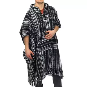 Langer Poncho Kapuze Baumwolle gewebt Unisex Erwachsene warm kalt Dip Morgenmantel schwarz Raute - Bild 1 von 8