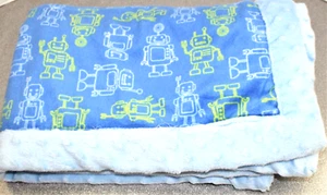 Just Born Blue & Green Robot Minky Dot Plush Baby Blanket 29"x39" - Picture 1 of 5