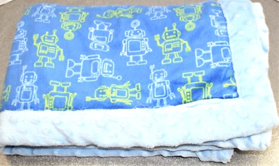 Just Born Blue & Green Robot Minky Dot Plush Baby Blanket 29"x39" - Image 1 of 4