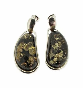 Silver and bean-shaped green amber drop earrings - Picture 1 of 1